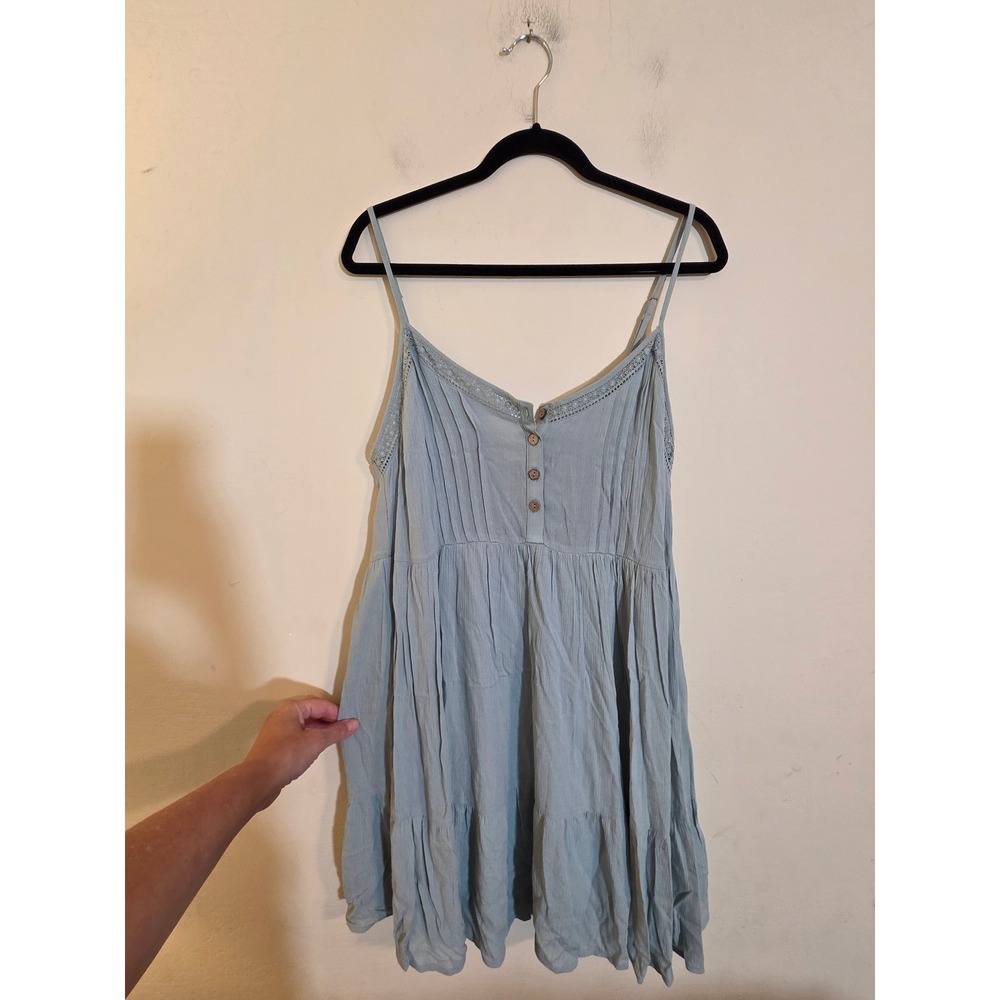 Becool Sage Green Tiered Mini Dress Lace Trim Boho Sun Dress Large